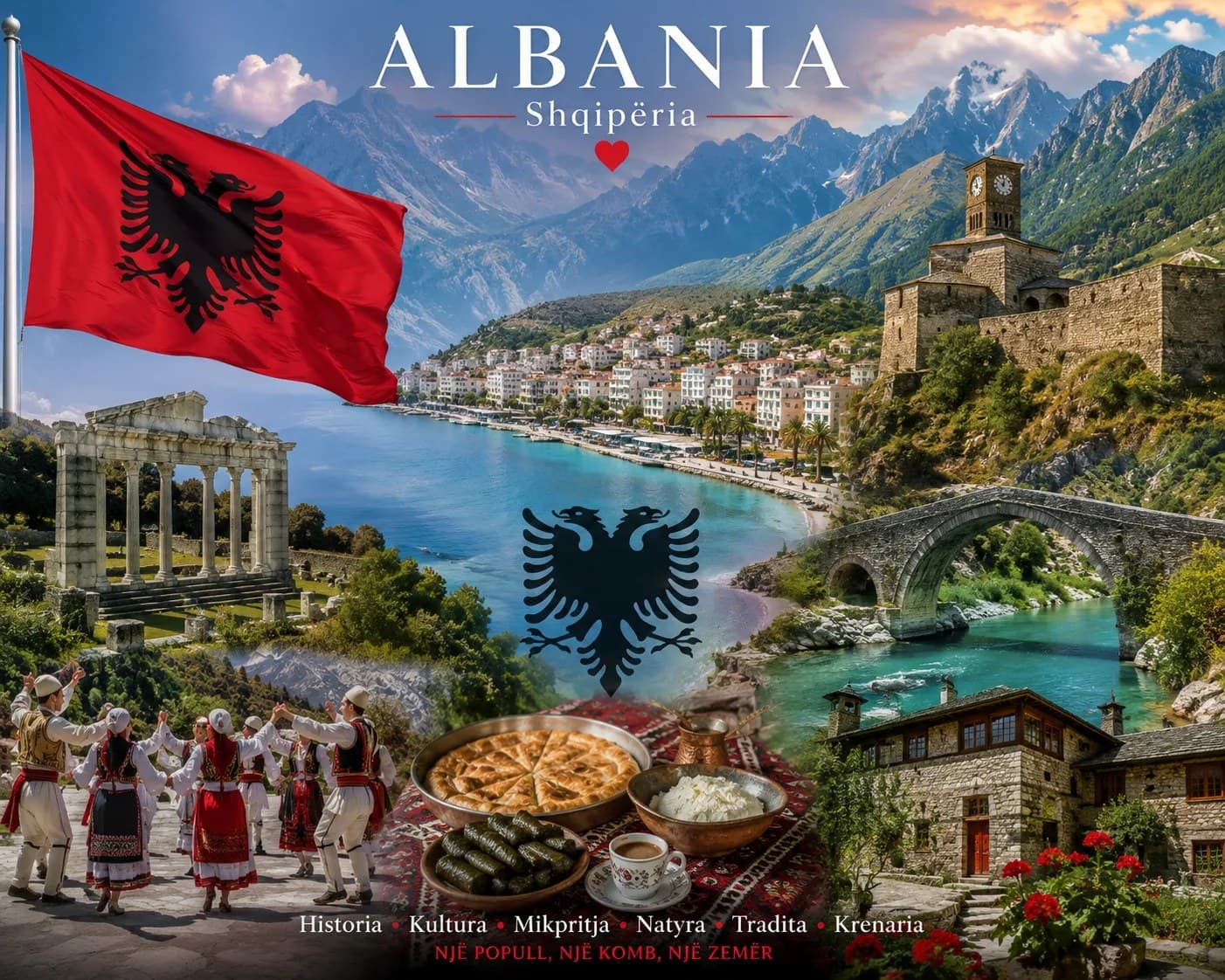 Albania collage — flag, ruins, coast, Ottoman bridge, folk dancers and cuisine