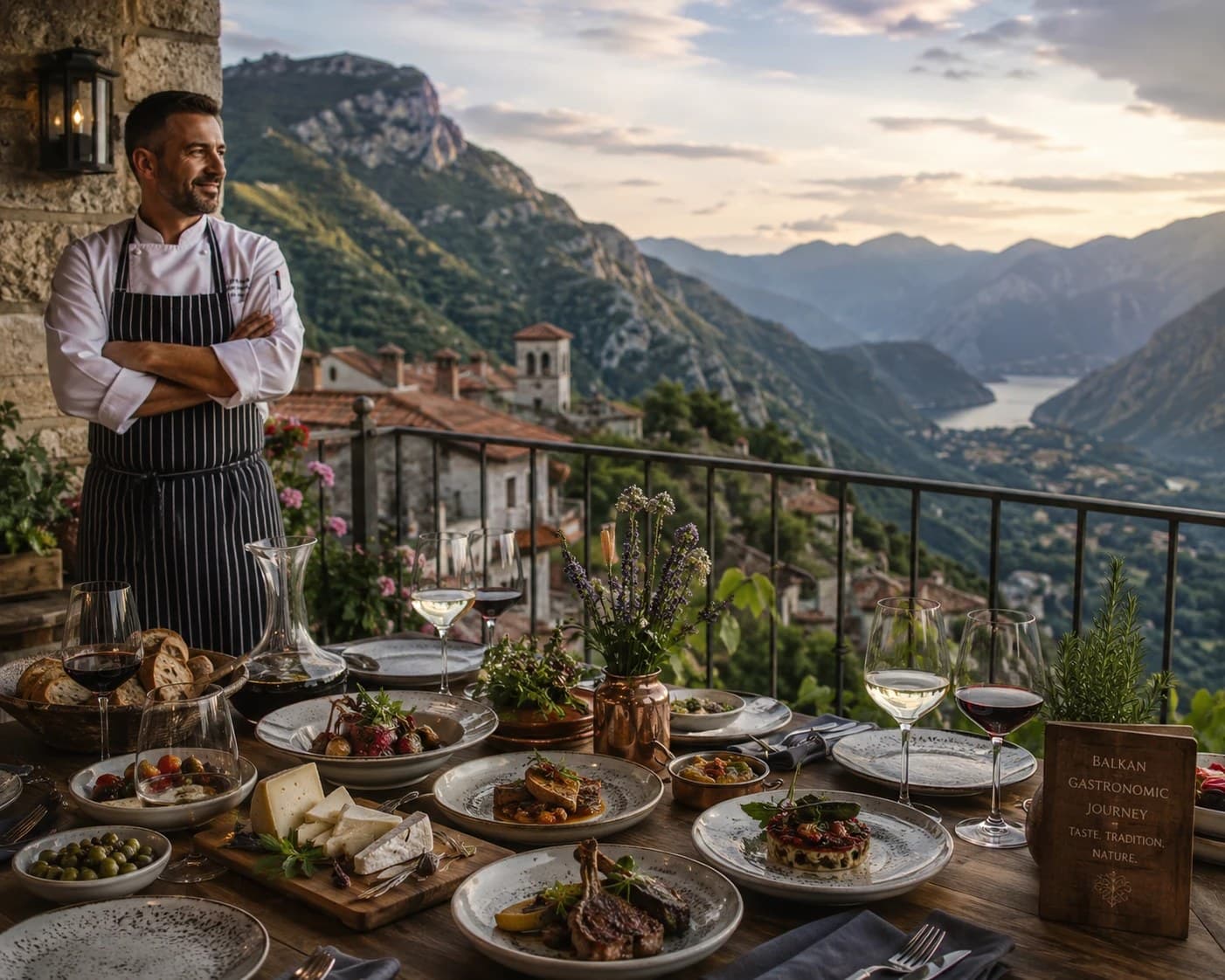 Chef beside a Balkan feast on a balcony overlooking a mountain bay at sunset