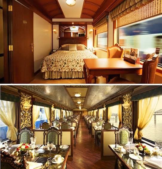 Luxury train private cabin and ornate dining car