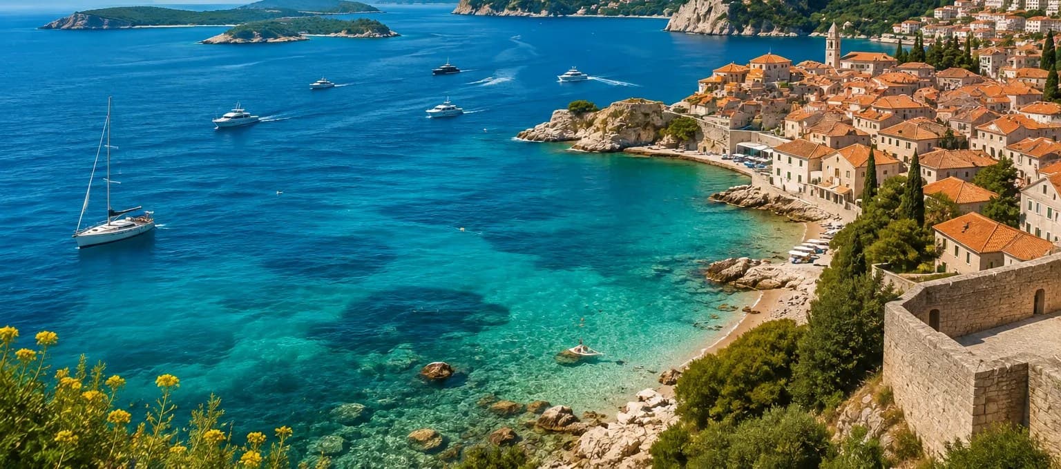 Sailboat in a turquoise bay by a Dalmatian coastal town on the Adriatic