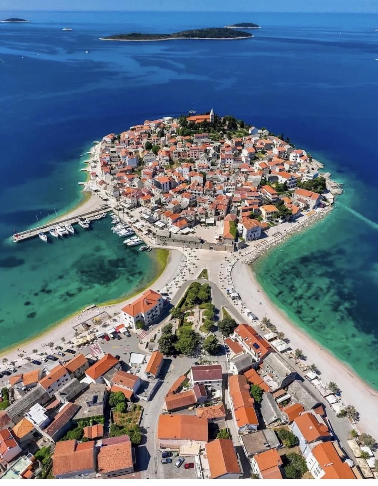 Aerial view of the Primošten peninsula town on the Adriatic