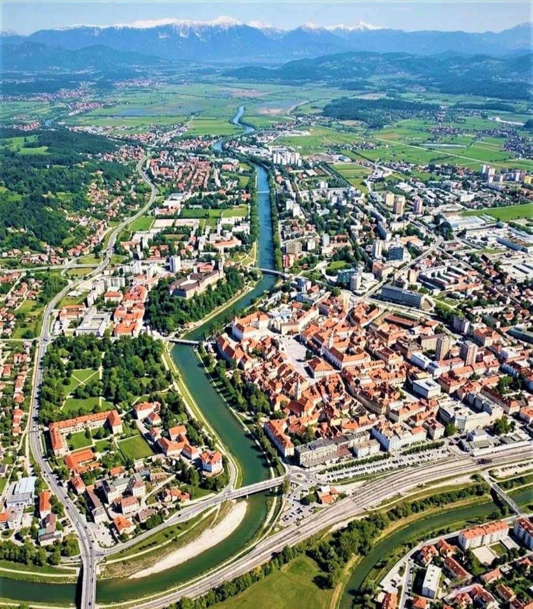 Aerial view of Celje and the Savinja river, Slovenia